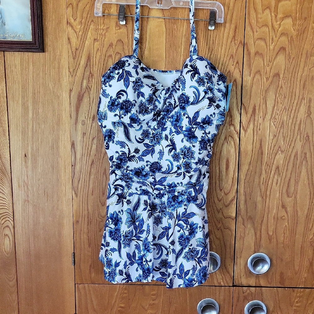 NWT Bal Harbour Floral Blue and White One Piece Swimdress